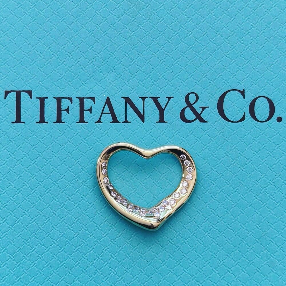 RARE Tiffany & Co. Elsa Peretti 18K Gold Diamond Open Heart 29 Diamonds Pendant